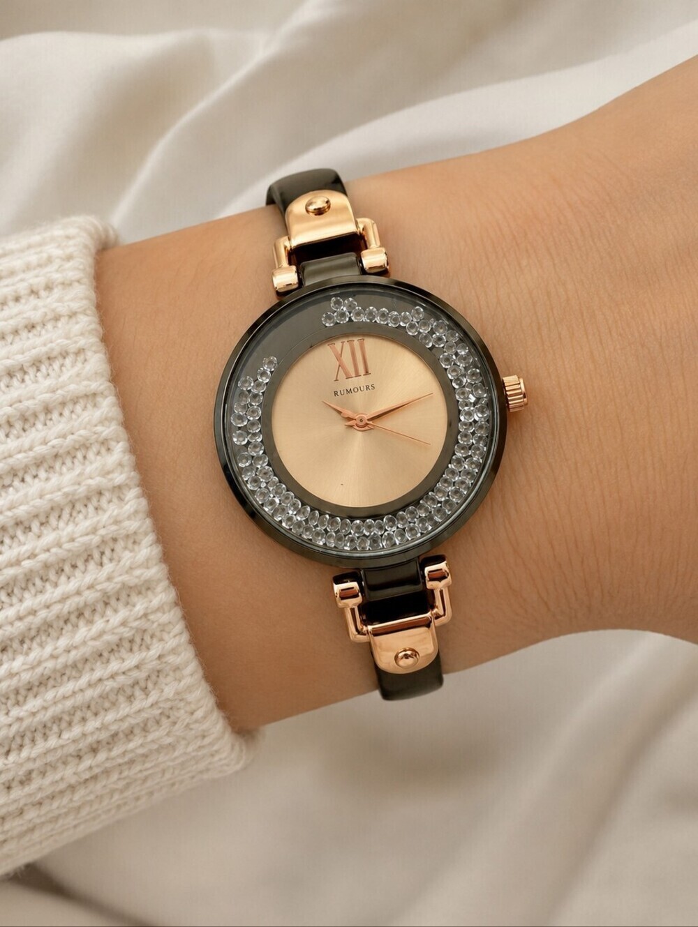 RUMOURS Gunmetal Rose Goldtone Floating Crystal Link Watch